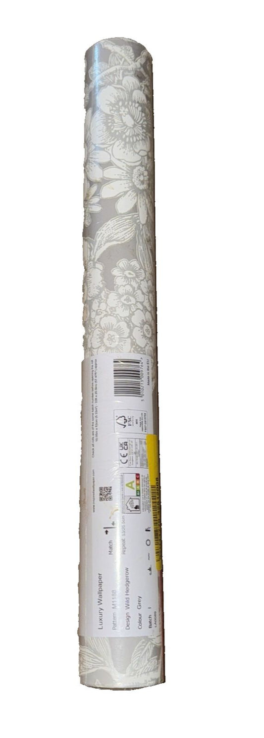 CROWN GREY METALLIC LEAF WILD HEDGEROW Luxury Wallpaper, Crown WallCoverings – a roll of white paper with a floral pattern