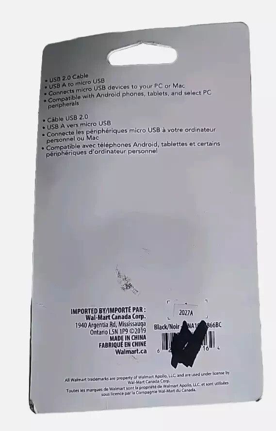 onn. USB-A to Micro USB Charge Cable 10FT/3m - Hi-Speed Certified – a white plastic bag with a black label