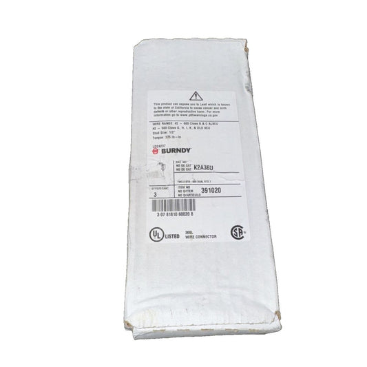 Burndy K2A36U Universal Terminal, 2 Conductor Lugs, 3 Pack – a white plastic bag with a label on it