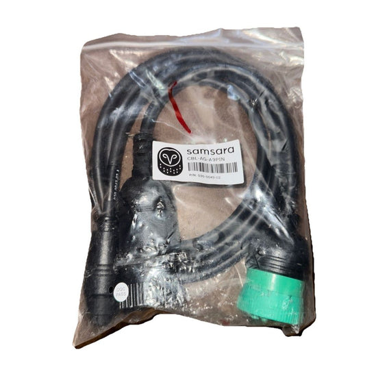 Samsara AG24 Asset Gateway CBL-AG-A9PIN P/N: 030-0043-02 – a black and white cable with a green cord