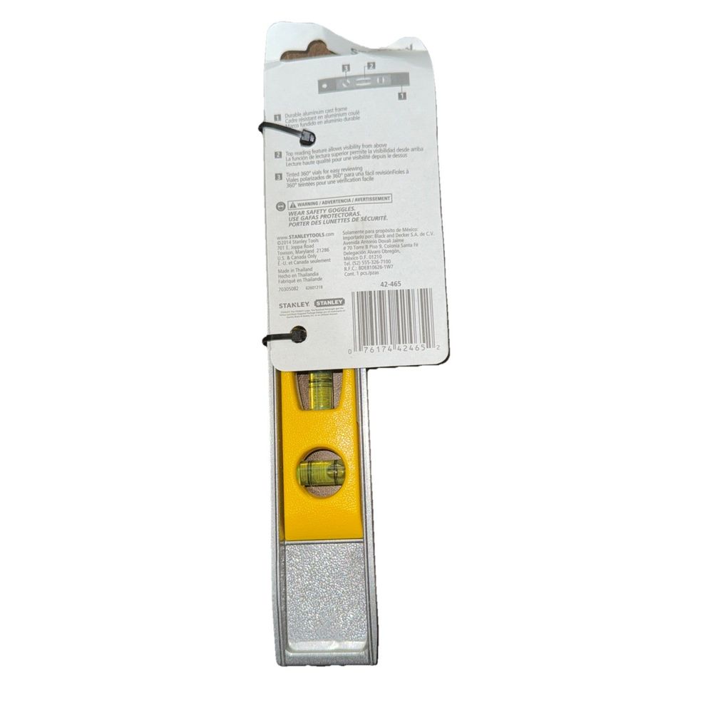 STANLEY 42-465 9-Inch Cast Aluminum Torpedo Level – a yellow plastic box with a plastic handle