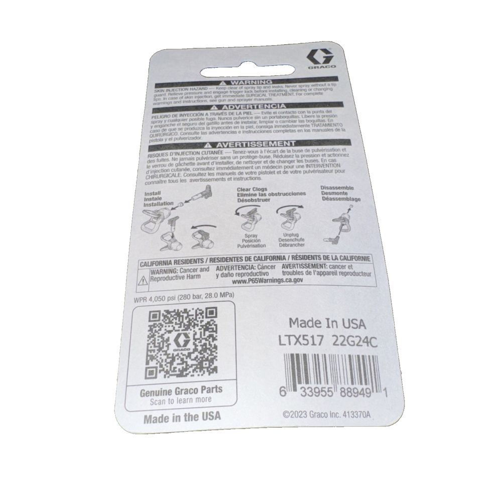 .017" Graco LTX517 RAC X Reversible Switch Tip, Fan Width 10" - 12" – a white label with a black and white image of a dog