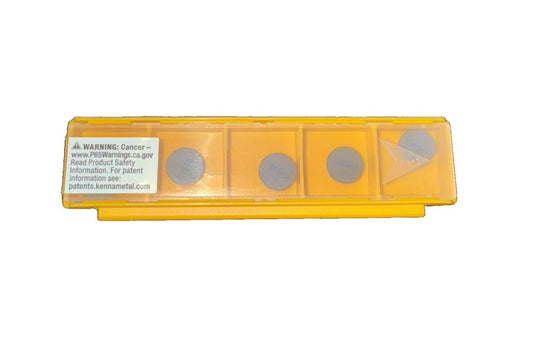 KENNAMETAL PG32E Kendex Positive Ceramic Insert KYS30 – 5 Pack – a yellow plastic box with three small plastic discs