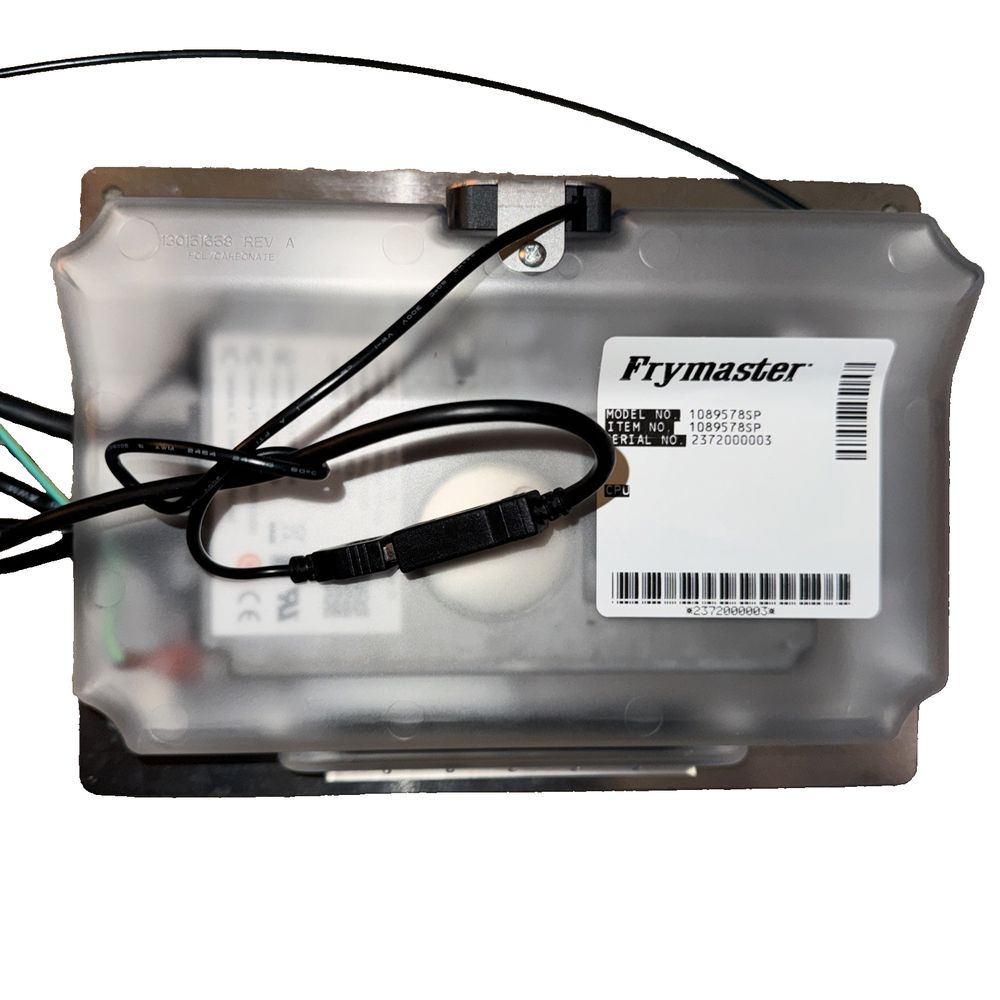 1089578SP Frymaster Computer Assembly With Screen/Back Cover – a white plastic box with a black wire and a white plastic box with a black w…