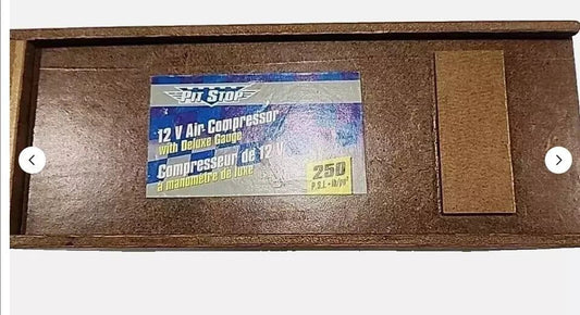 Pit Stop 12V Air Compressor with Deluxe Gauge - Tested & Working, Reliable Car, PitStop – a brown cardboard box with a label on it