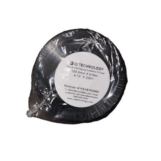 Technology FH Wax/Resin Thermal Ribbon Black 4.72" x 2001', DaveyDooDeals – a black plastic tape with a white label on it