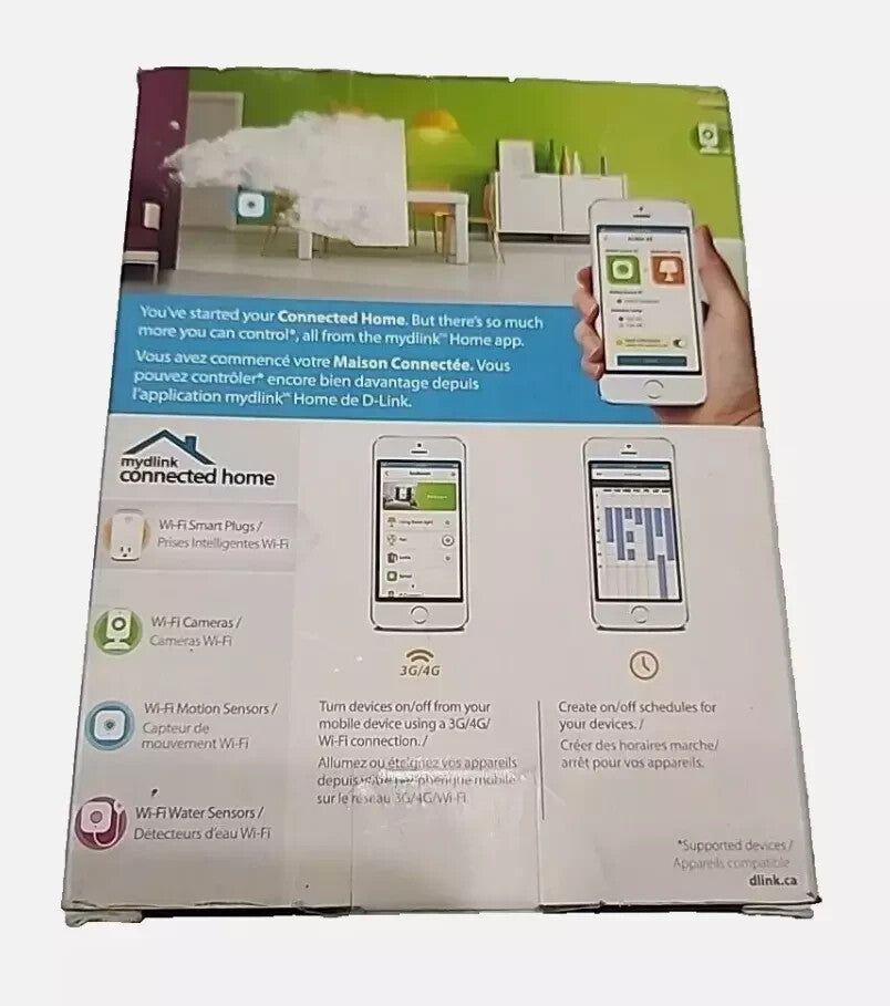 D-Link DSP-W110 Mydlink Wi-Fi Smart Plug - Remote Control, Works with Alexa – a box with a phone and a box with a box