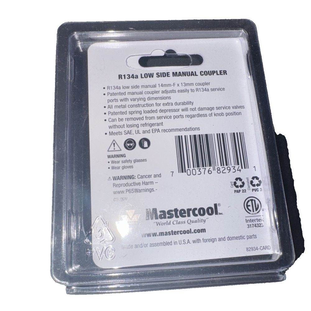 Mastercool 82934 Low-Side Manual Coupler – a small plastic label with a barcode on it