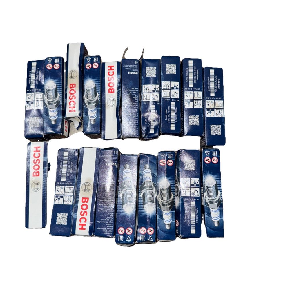 Bosch 96319 Double Iridium Spark Plug, Up to 4X Longer Life Lot of 19 – a group of six blue and white bags