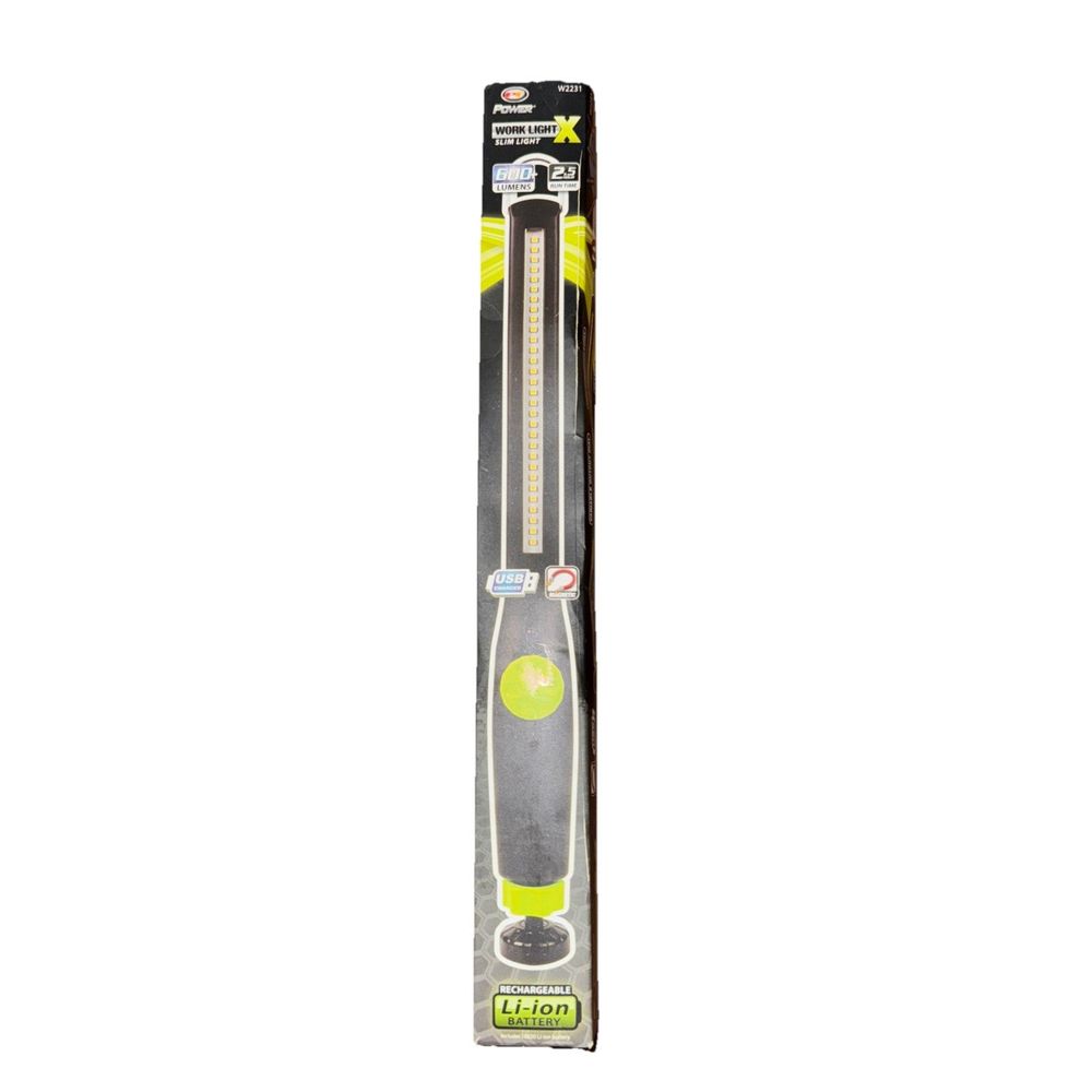 600+LM Li-Ion Slim Work Light, Power – a tennis racket with a yellow ball