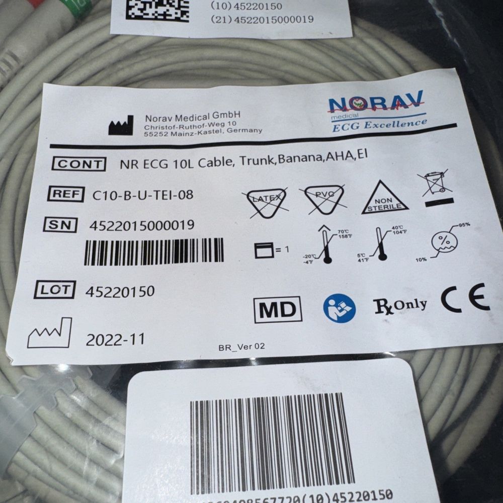 NORAV 10 Lead Blue ECG Wireless Cable with Banana Ends, Noravl Medical – a white cable with a barcode on it